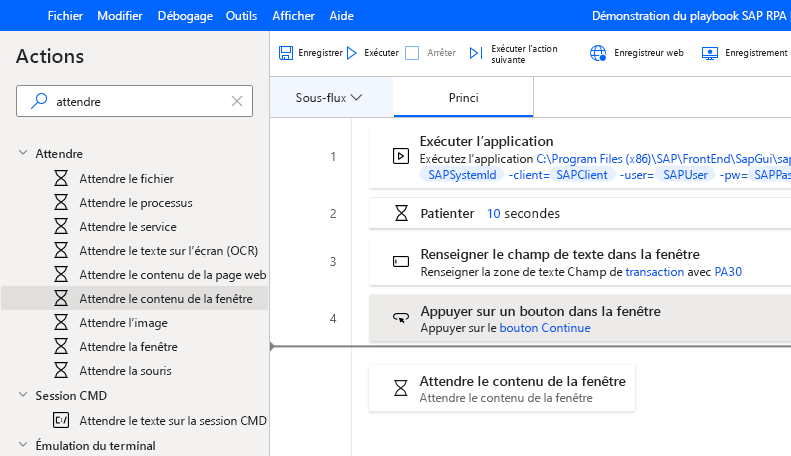 Capture d’écran de la fenêtre du concepteur Power Automate Desktop avec l’action Attendre le contenu de la fenêtre ajoutée à partir de la page Actions.