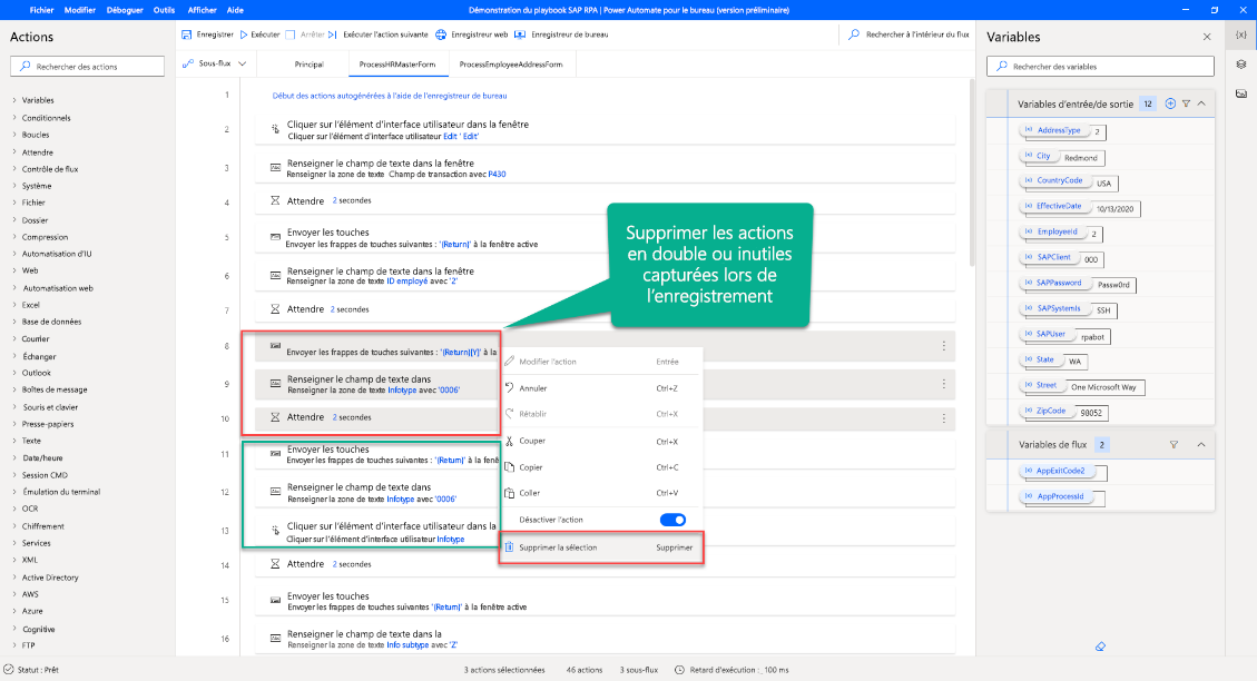 Capture d’écran de Power Automate Desktop avec les actions en double ou capturées accidentellement.