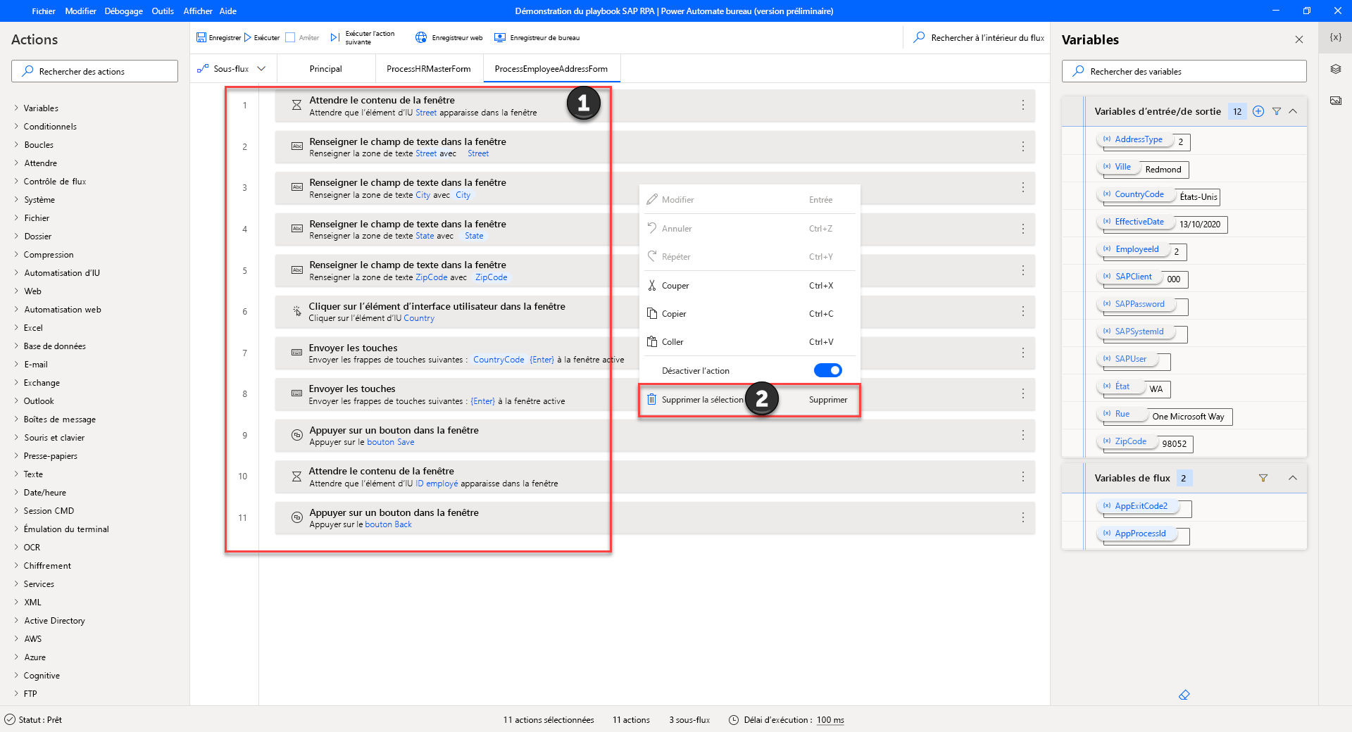 Capture d’écran de Power Automate Desktop mettant en évidence toutes les actions à supprimer dans le sous-flux ProcessEmployeeAddressMaster.