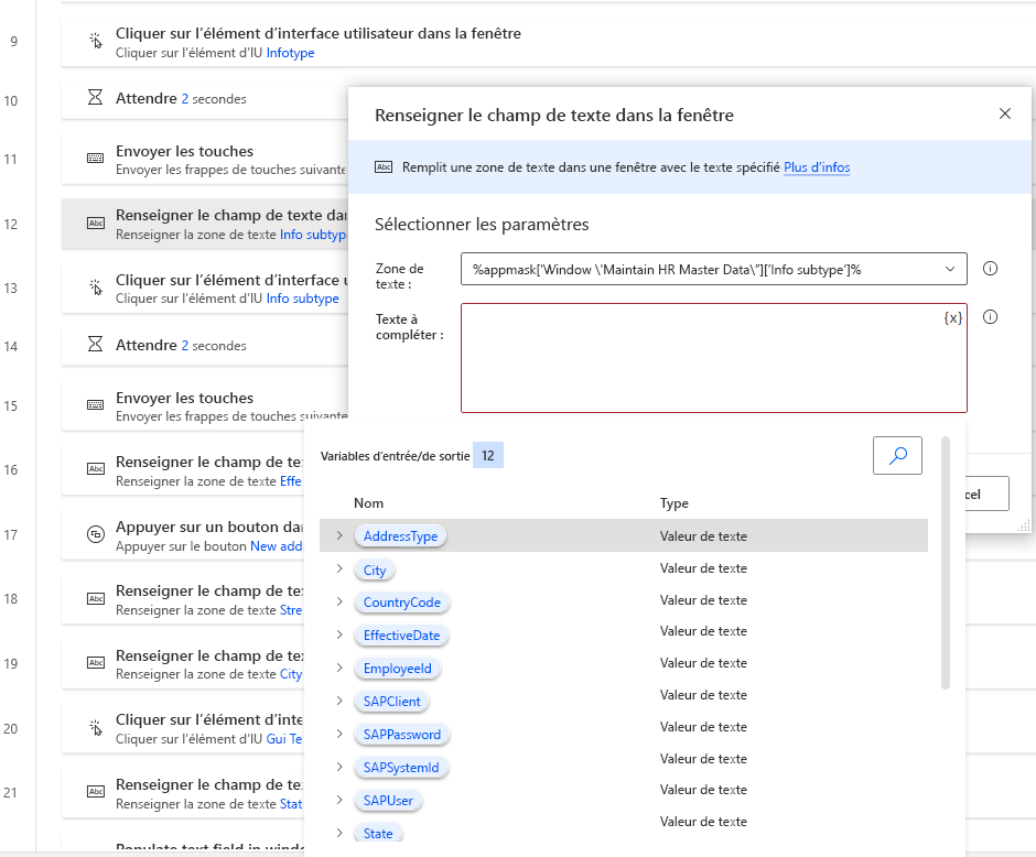 Capture d’écran de Power Automate Desktop avec la boîte de dialogue de l’action Renseigner le champ de texte avec une variable AddressType précédemment définie.
