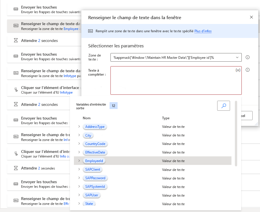 Capture d’écran de Power Automate Desktop avec la boîte de dialogue de l’action Renseigner le champ de texte répertoriant la variable EmployeeId précédemment définie.