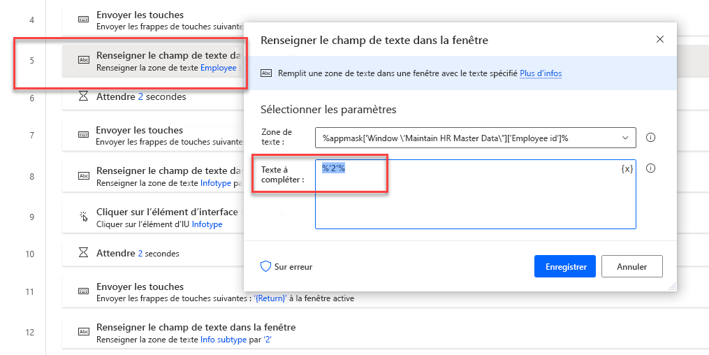 Capture d’écran de Power Automate Desktop avec la boîte de dialogue de l’action Renseigner le champ de texte où un ID d’employé codé en dur peut être remplacé par une variable précédemment définie.