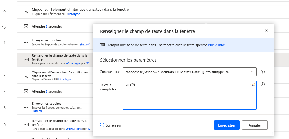 Capture d’écran de Power Automate Desktop avec la boîte de dialogue de l’action Renseigner le champ de texte où le sous-type d’informations codé en dur peut être remplacé par une variable précédemment définie.