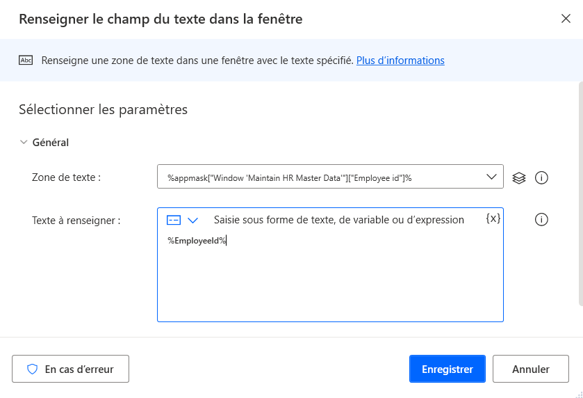 Capture d’écran de la boîte de dialogue Renseigner le champ du texte dans la fenêtre.