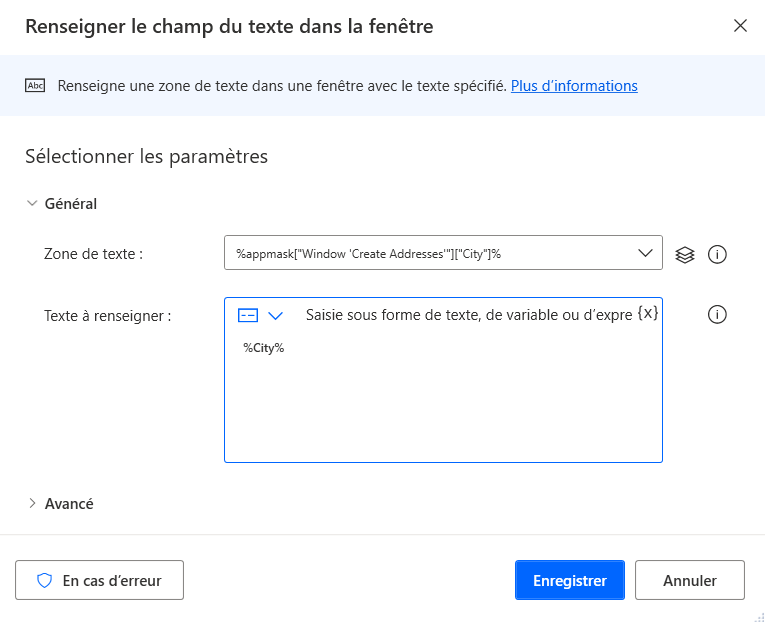 Capture d’écran de la boîte de dialogue Renseigner le champ du texte dans la fenêtre avec Ville dans le champ Zone de texte et la variable Ville dans le champ Texte à renseigner.