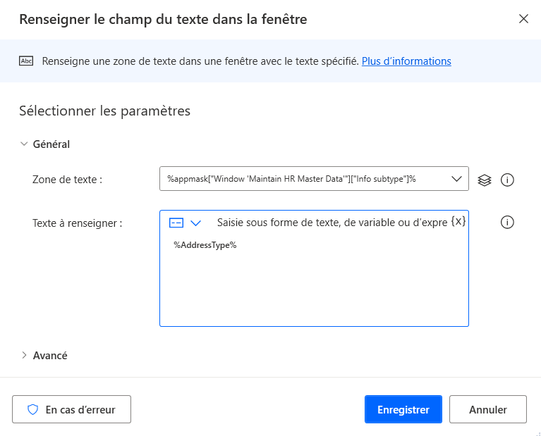 Capture d’écran de la boîte de dialogue Renseigner le champ du texte dans la fenêtre avec le champ Zone de texte défini sur Sous-type d’informations et le texte à renseigner défini sur AddressType.