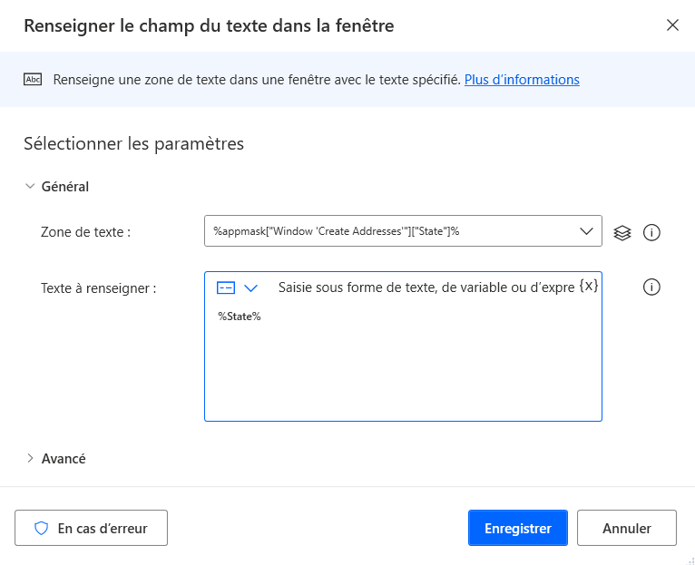 Capture d’écran de la boîte de dialogue Renseigner le champ du texte dans la fenêtre avec État dans le champ Zone de texte et la variable État dans le champ Texte à renseigner.