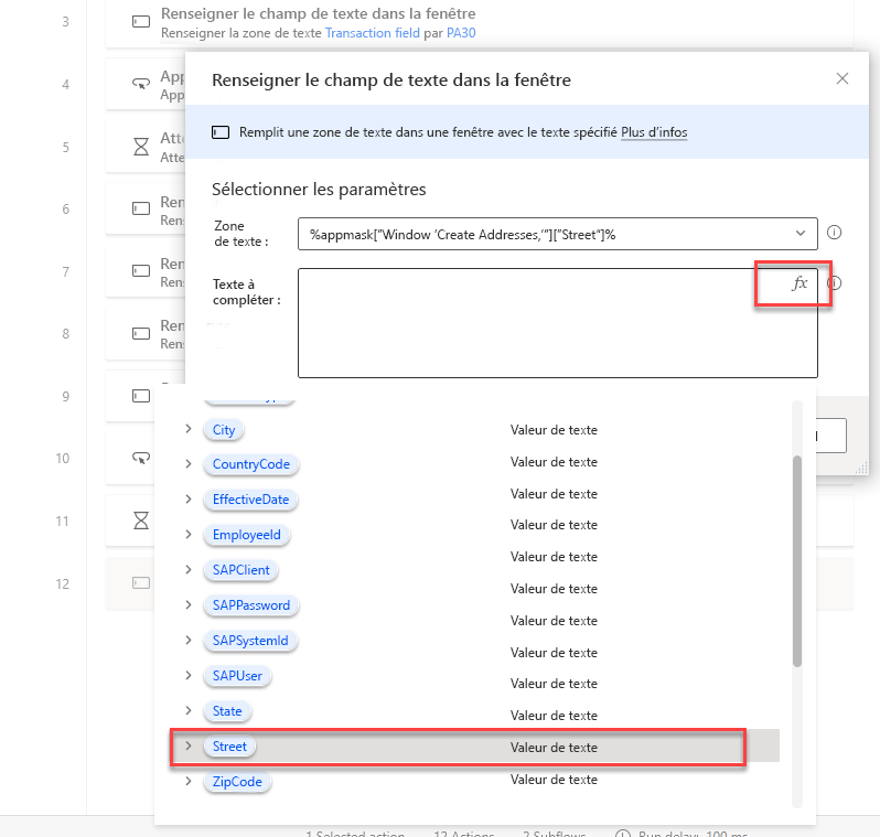 Capture d’écran montrant la boîte de dialogue Renseigner le champ du texte dans la fenêtre et la liste des variables ouverte et la sélection de la variable Rue.