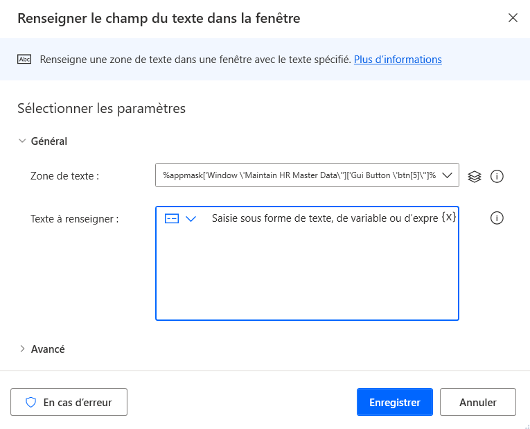 Capture d’écran du champ de texte Renseigner dans la boîte de dialogue de la fenêtre avec le bouton GUI sélectionné.