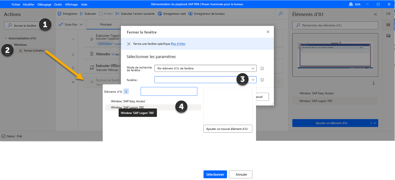 Capture d’écran de la fenêtre du concepteur Power Automate Desktop avec la boîte de dialogue Fermer la fenêtre ouverte.