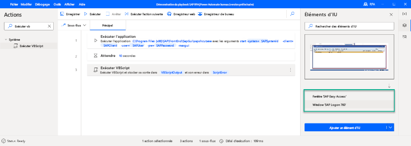 Capture d’écran de la fenêtre du concepteur Power Automate Desktop avec les fenêtres SAP Easy Access et SAP Login 760 affichées dans le volet Éléments d’IU.