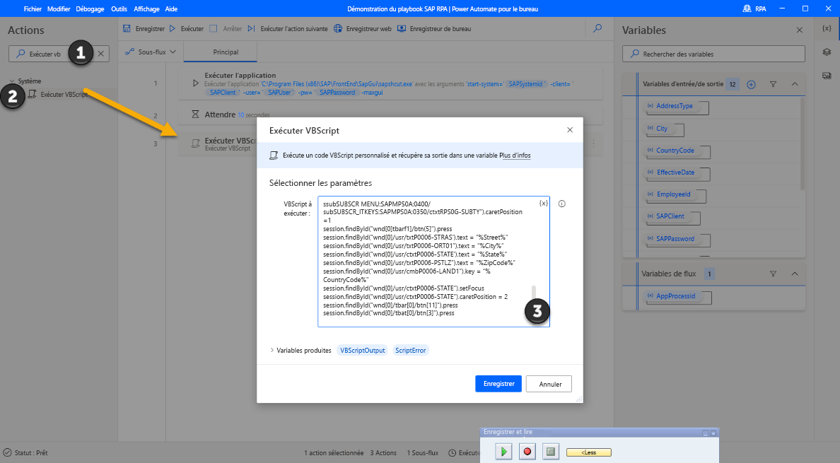 Capture d’écran de la fenêtre du concepteur Power Automate Desktop avec la boîte de dialogue Exécuter VBScript ouverte.