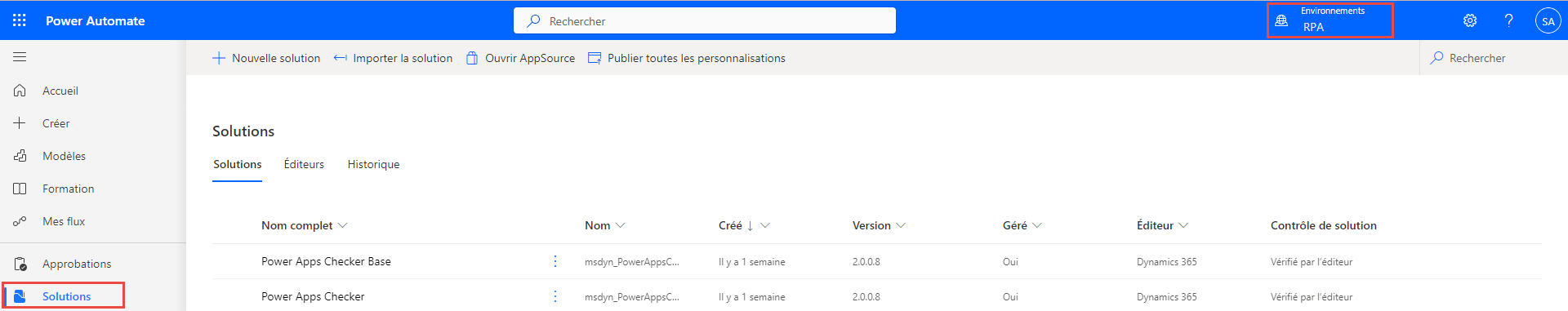 Capture d’écran de la fenêtre du portail Power Automate avec Solutions sélectionné dans le volet de gauche et le bouton Nouvelle solution sélectionné.