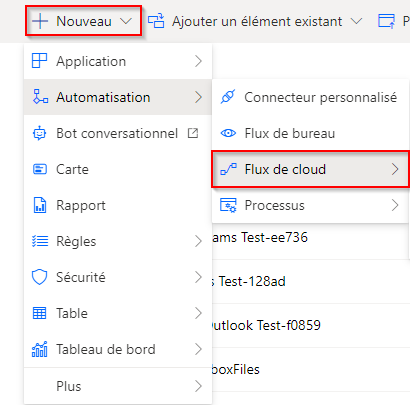 Capture d’écran de l’écran de la solution Power Automate avec Flux de cloud sélectionné dans le menu Nouveau.