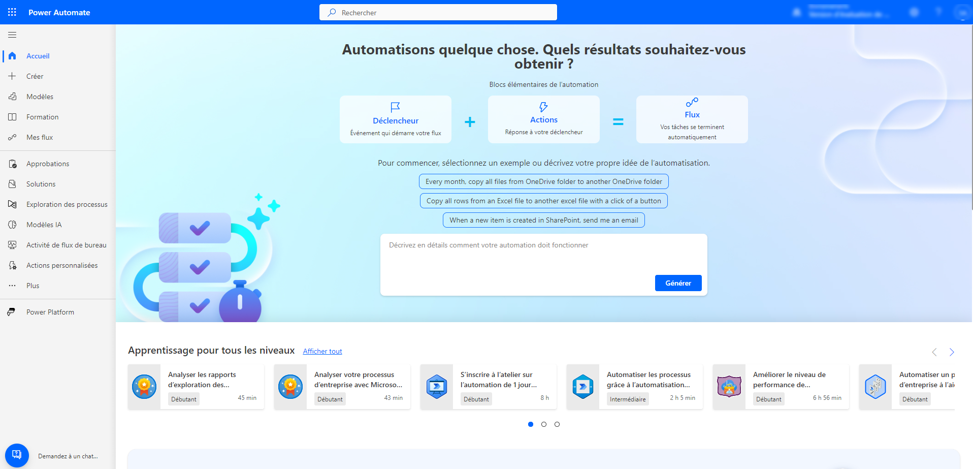 Capture d’écran de la page d’accueil du portail Power Automate.