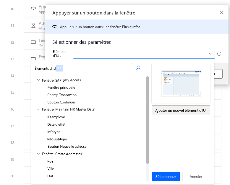 Capture d’écran de la fenêtre du concepteur Power Automate Desktop avec la boîte de dialogue Appuyer sur le bouton dans la fenêtre ouverte et la liste des variables ouverte.