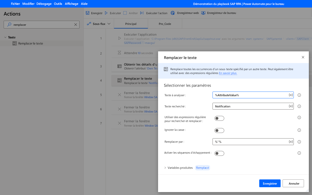Capture d’écran montrant la boîte de dialogue de l’action Remplacer le texte avec les paramètres spécifiés.