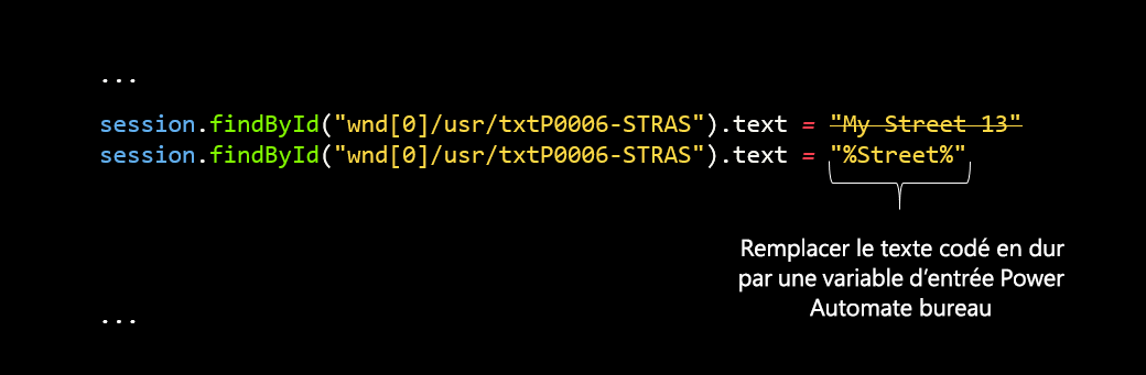 Capture d’écran du code VBScript montrant une valeur de champ codée en dur remplacée par une variable d’entrée