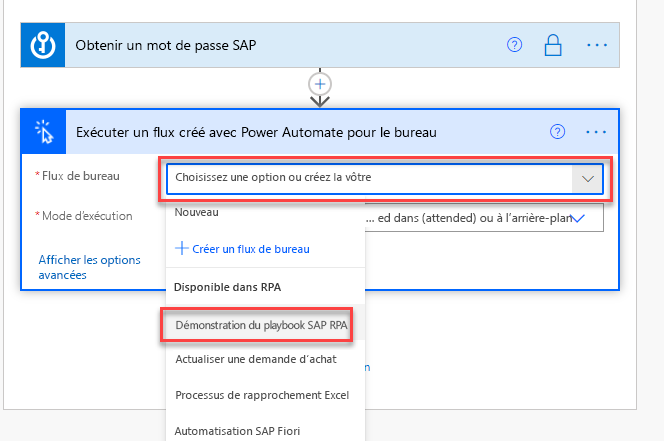 Capture d’écran de la boîte de dialogue Exécuter un flux généré par Power Automate Desktop avec Flux de bureau sélectionné.