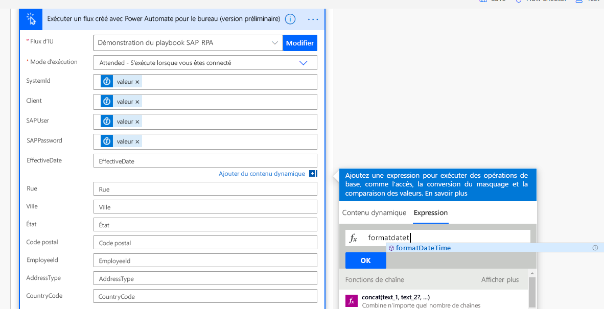 Capture d’écran de la boîte de dialogue Exécuter un flux généré par Power Automate Desktop avec le format de date défini à partir de la boîte de dialogue Expressions.