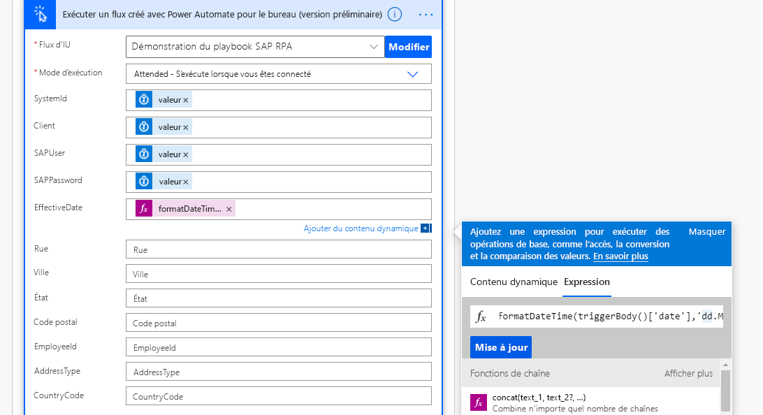 Capture d’écran de la boîte de dialogue Exécuter un flux généré par Power Automate Desktop avec l’expression du format de date.