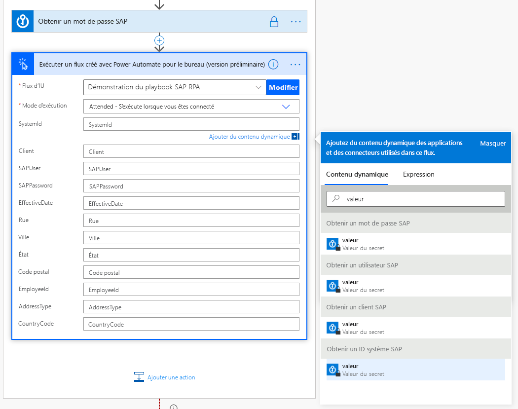 Capture d’écran de la boîte de dialogue Exécuter un flux généré par Power Automate Desktop avec l’ID système ajouté à partir du contenu dynamique.