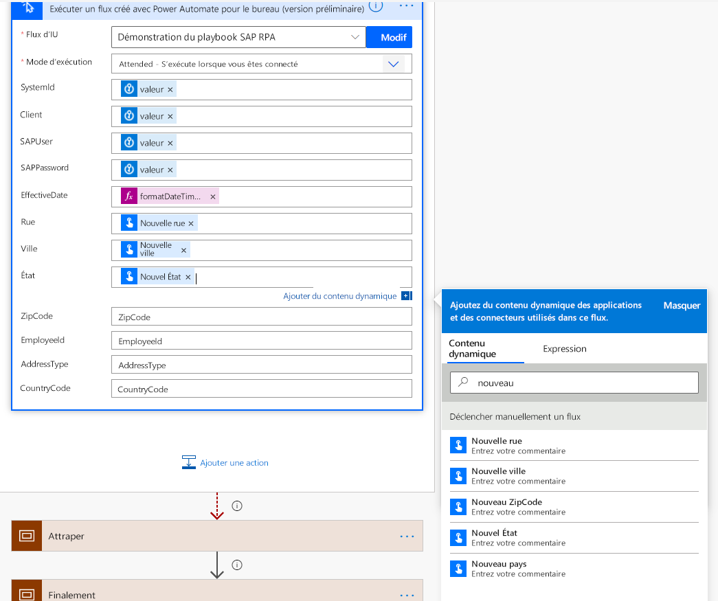 Capture d’écran de la boîte de dialogue Exécuter un flux généré par Power Automate Desktop avec les variables définies.