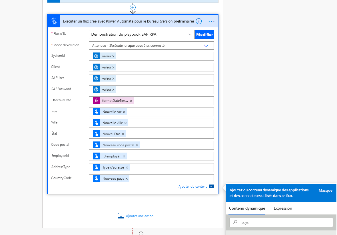 Capture d’écran de la boîte de dialogue Exécuter un flux généré par Power Automate Desktop avec toutes les variables définies.