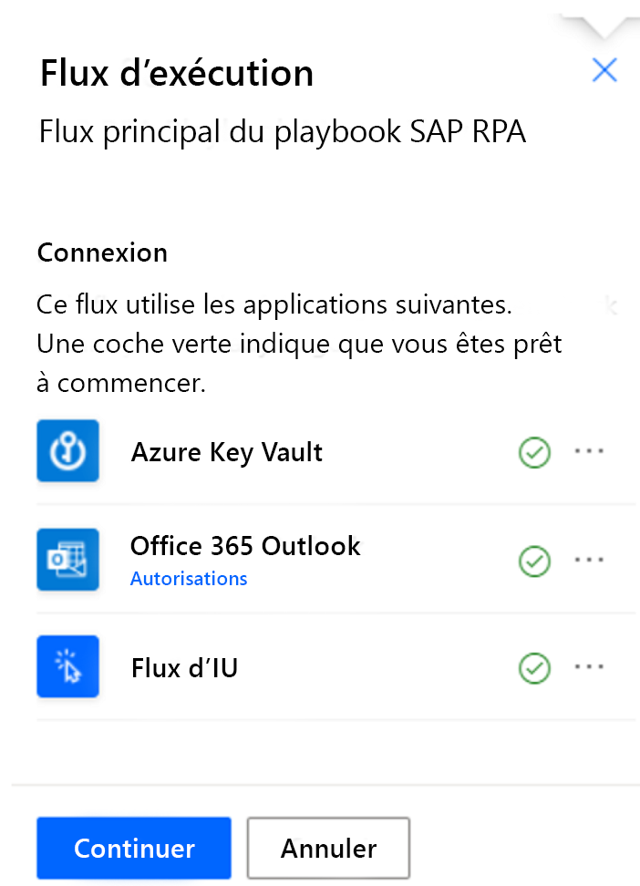 Capture d’écran de la boîte de dialogue Exécuter le flux dans le portail Power Automate avec une zone de connexion pour l’autorisation de connexion et Continuer sélectionné.