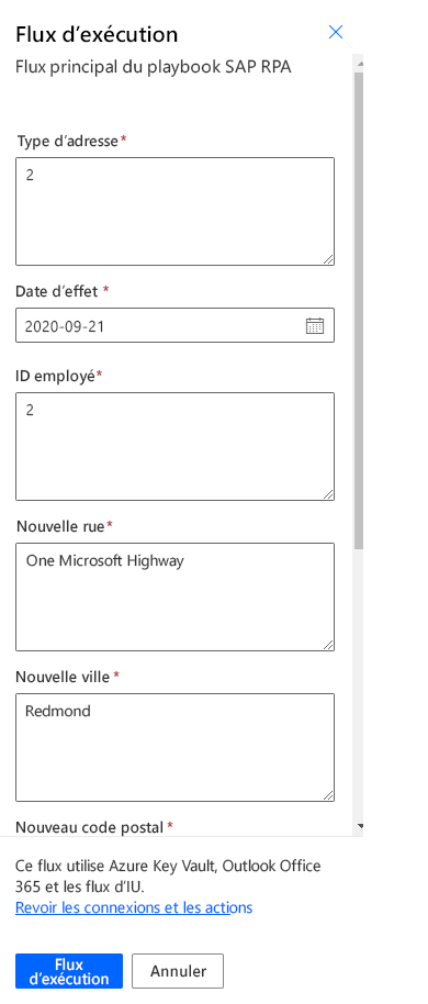Capture d’écran de la boîte de dialogue Exécuter le flux dans le portail Power Automate avec les valeurs saisies et le bouton Exécuter le flux sélectionné.