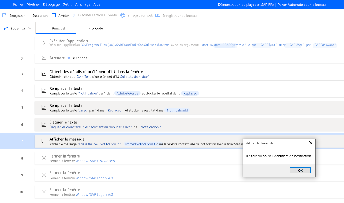 Capture d’écran montrant un script Power Automate Desktop en cours d’exécution qui génère un ID de notification nouvellement créé via un message d’affichage.