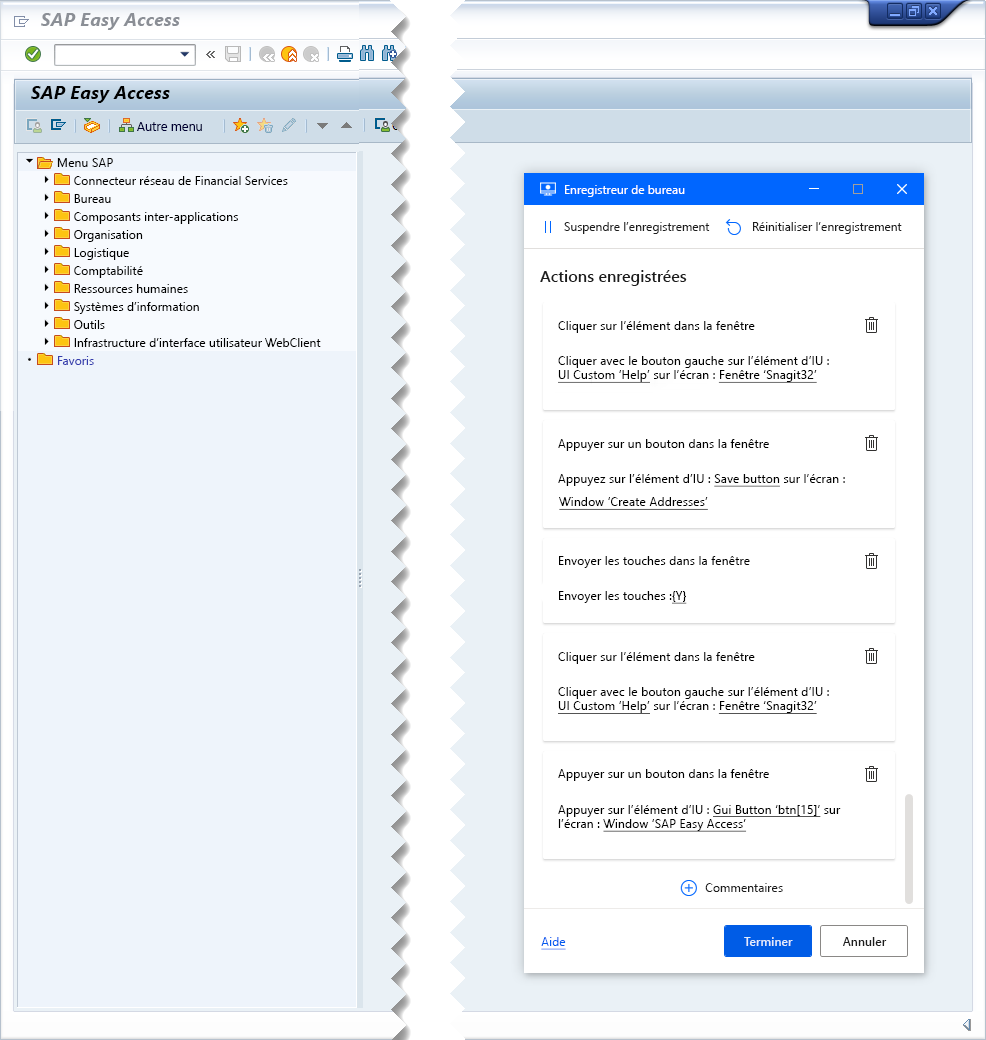 Capture d’écran de SAP GUI avec la fenêtre de suivi de l’enregistreur de bureau.