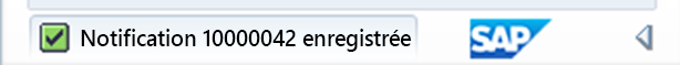 Capture d’écran de l’ID de notification SAP généré après la sauvegarde d’un nouvel enregistrement.