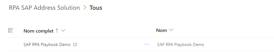 Capture d’écran de la zone Solutions Power Automate avec la solution Adresse SAP RPA affichant le flux de la démonstration du Playbook RPA SAP dans la liste.
