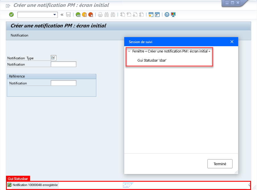 Capture d’écran montrant un écran SAP avec un message d’état répertoriant l’ID de notification et la session de suivi de Power Automate Desktop avec un contrôle sélectionné.