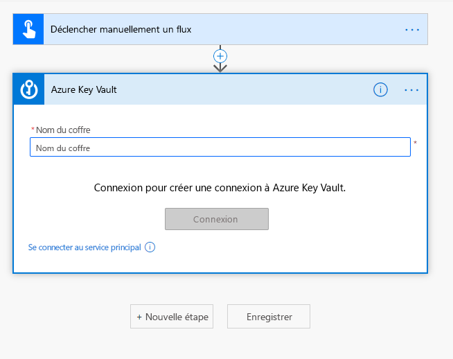 Capture d’écran d’une action Azure Key Vault dans le concepteur de flux Power Automate.