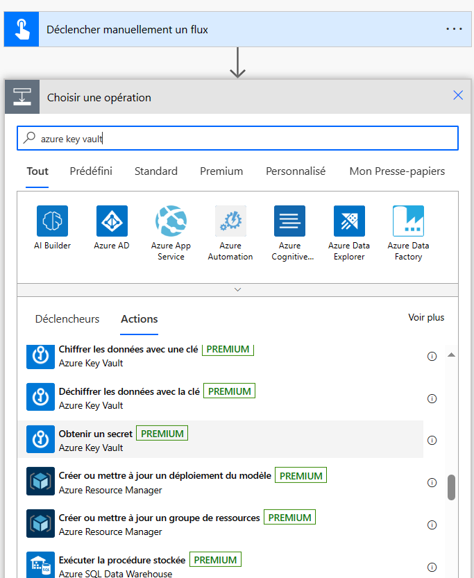 Capture d’écran de la sélection de l’action Obtenir un secret Azure Key Vault dans le concepteur de flux Power Automate.