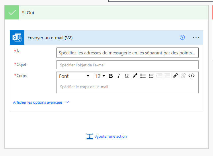 Capture d’écran de l’action Envoyer un e-mail (V2).