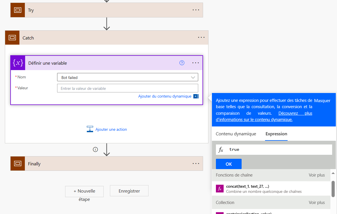 Capture d’écran des boîtes de dialogue Action Définir la variable et Expression.