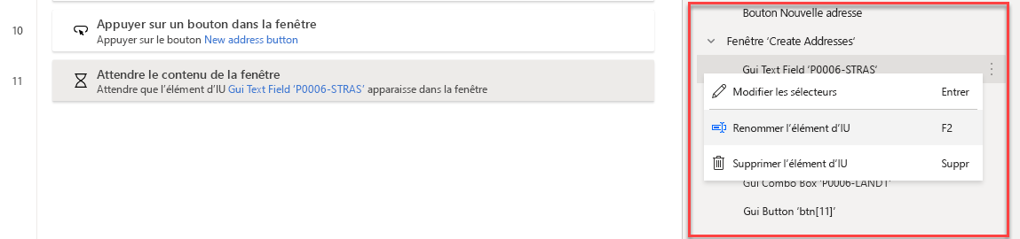 Capture d’écran du volet Éléments d’IU dans la fenêtre du concepteur Power Automate Desktop avec l’élément de menu Renommer l’élément d’IU sélectionné.