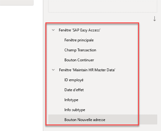 Capture d’écran de tous les éléments d’IU renommés avec des noms significatifs pour la fenêtre Maintenir les données de base des RH dans le volet des éléments d’IU.