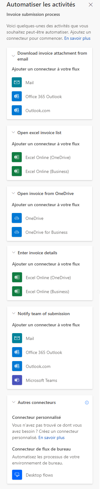 Capture d’écran des options Automatiser les activités.