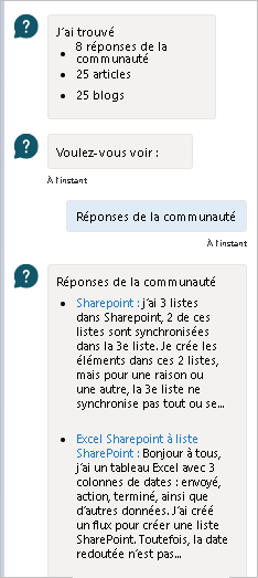 Capture d’écran montrant le chatbot affichant les éléments du groupe sélectionné.