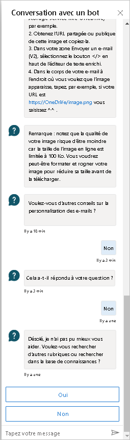 Capture d’écran montrant le chatbot avec une option pour continuer et poser une autre question.