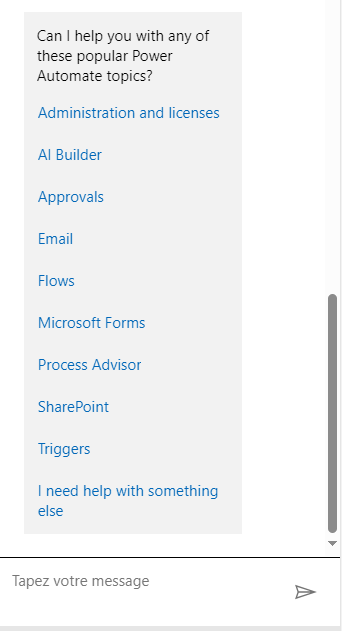 Capture d’écran montrant les sujets les plus demandés et un champ dans lequel saisir un message.