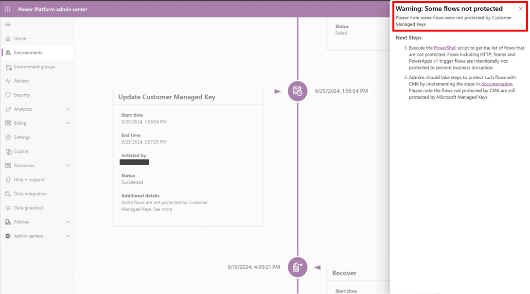 Capture d’écran du message d’avertissement dans le centre d’administration Power Platform.