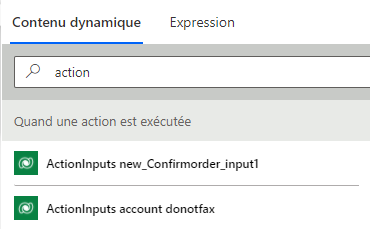 Capture d’écran du sélecteur de contenu dynamique dans le concepteur Power Automate qui affiche la sortie du déclencheur « Lorsqu’une action est exécutée »