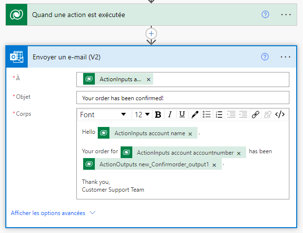 Capture d’écran de l’utilisation des sorties du déclencheur « Lorsqu’une action est exécutée » dans le concepteur de flux de cloud Power Automate