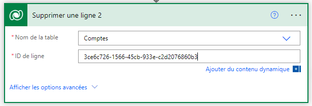 Définissez le nom de table et l’ID de ligne.