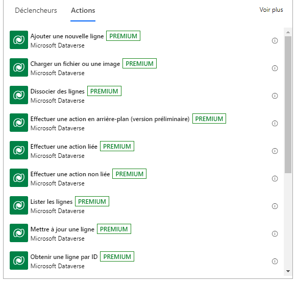 Liste partielle des actions Dataverse.